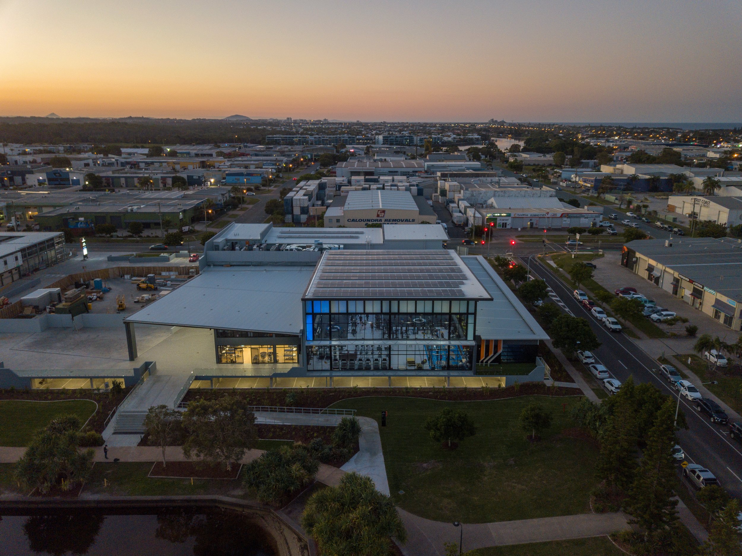 Aerial view of The Sports Hub at sunset